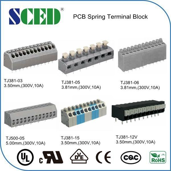 3.50 밀리미터 PCB 봄 단자 블록 회색 플라스틱 하우징 놋쇠 핀