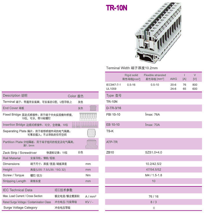 16mm2 소음 힘 끝 구획 800v/76A 고급장교 10mm 벗기는 길이