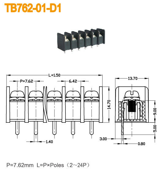 PBT 방벽 끝 구획 7.62mm 피치 15A 2-24 폴란드 금관 악기 PCB 맨끝 연결관