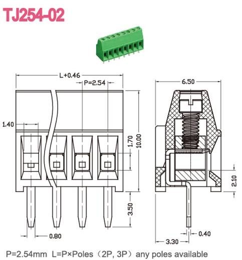 2.54mm PCB 끝 구획 금관 악기 녹색 정각 철사 인레트