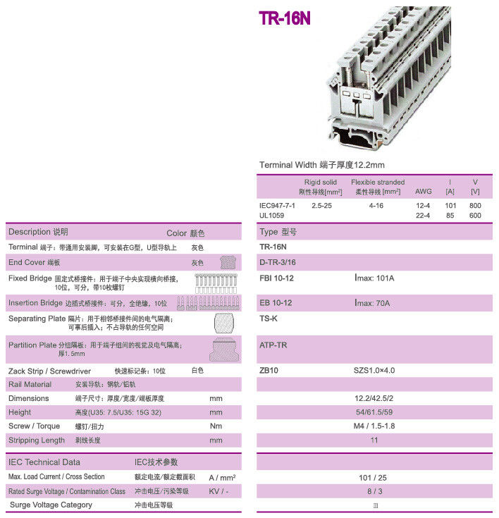 101A 소음 가로장 끝 구획 800V 25mm2 고급장교 12.2mm 끝 폭
