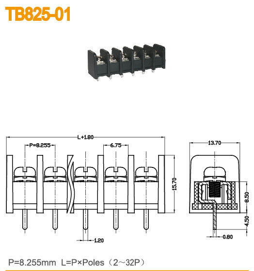8.255mm 피치 방벽 끝 구획 2-32 폴란드 300V/20A M3 나사