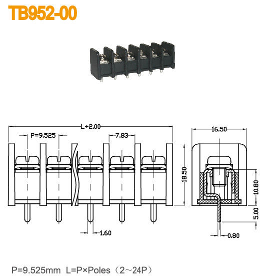 9.52mm 방벽 끝 구획 300V 20A 2-24 폴란드 정각을 간격을 둬서 인레트를 타전하십시오