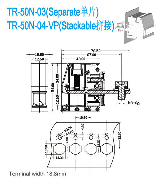 150A는 관통 터미널 블록에게 600V 6-1/0 AWG M6 스크루 18.8 밀리미터 폭을 공급합니다