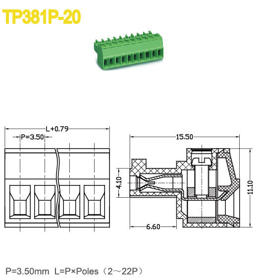 PA66 여성 Pluggable 끝 구획 연결관 3.5mm 피치 300V 8A 2-22 폴란드