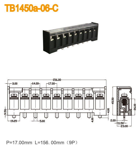 플라스틱 덮개 검정 금관 악기 방벽 끝 구획 600V 57A 17mm 피치