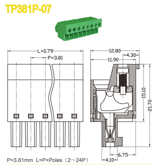 3.81mm 피치 플러그 터미널 블록 여성 부품 300V 10A 녹색 색상