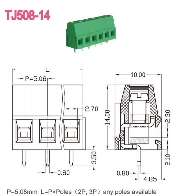 녹색 5.08mm 피치 PCB 나사식 터미널 구획 300V 10A M3 2-24 폴란드