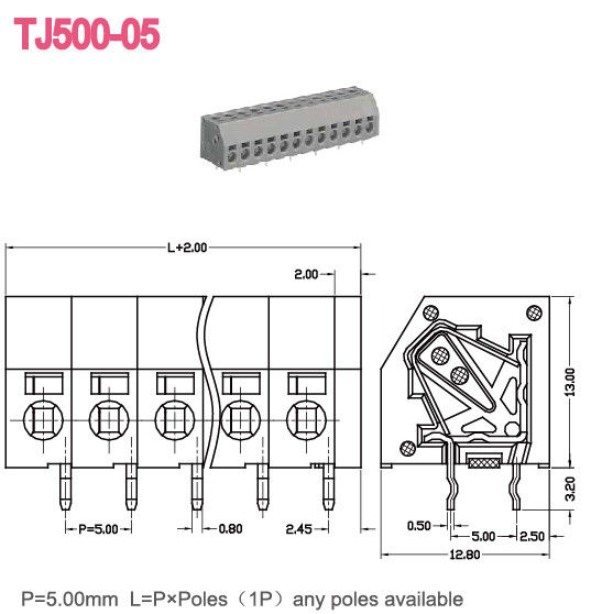 피치 5.0 밀리미터 봄 못이 필요없는 단자 블록 300V 10A 2-24 막대기 16-26 AWG