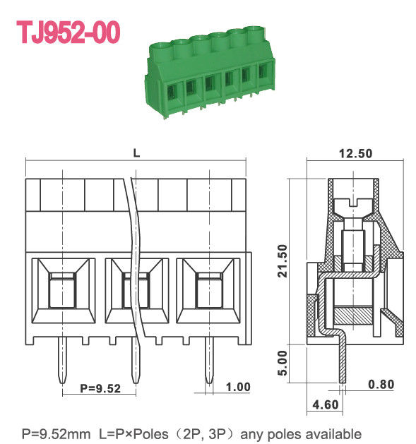 청색 M3은 9.52 밀리미터 PCB 단자 블록 300V 30A 2-16 막대기를 비틉니다