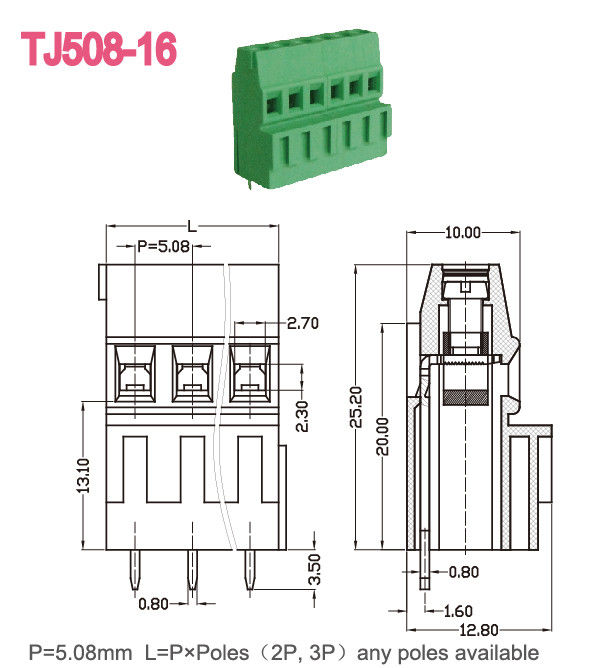 녹색 끝 구획 연결관 300V/10A M3 나사 6-7mm 벗기는 길이 12-26AWG