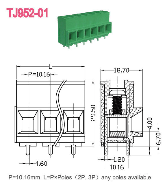 57A PCB 나사 터미널 블록 10.16mm 피치 유로 상승 시리즈 2-16 폴 UL 기술 데이터