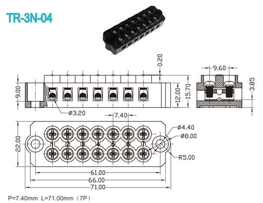 7명의 폴란드는 끝 구획 연결관 300V/20A 검정 12-16 AWG 금관 악기 M3 나사 연결합니다