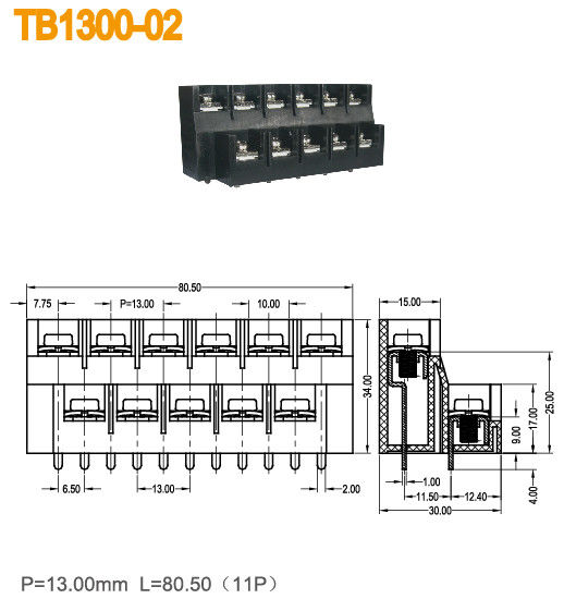 2줄 장벽 터미널 블록 미국형 600V/40A 11극 13mm 피치 청동