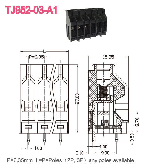 까만 PCB 나사식 터미널 구획 6.35mm 피치 30A UL94-V0 30A 10-22 AWG