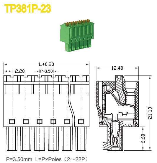 녹색 간격 3.5mm Pluggable 끝 구획 여성 2-22 위치 300V/8A UL94-V0