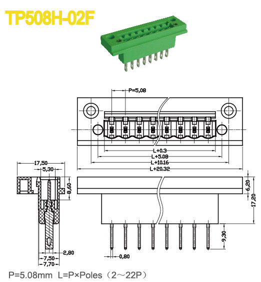 녹색 남성 우두머리는 플랜지 5.08mm 18A 소켓을 가진 끝 구획을 PA66 2-22 폴란드 연결합니다