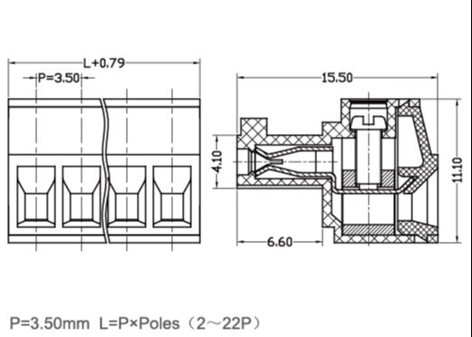여성 플러그인 터미널 블록 3.5mm 피치 300V 8A 2-22 폴 PA66 M2 스크루 녹색