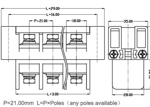 약 장비 21mm 기공 180A 패널 마운트 끝 블록 피드 스루