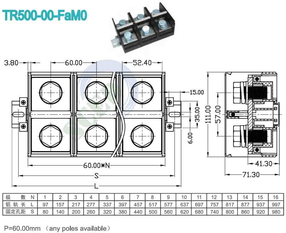 60.00mm 600V PC UL94 M16 산업 제어용 단말기 블록
