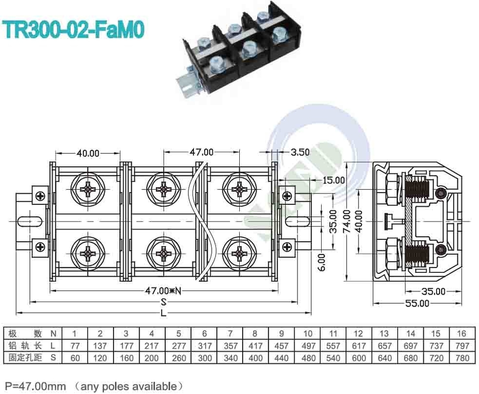 PCB 패널 마운트 터미널 블록 47.00mm 600V 300A PC 블랙 스크루 터미널 커넥터