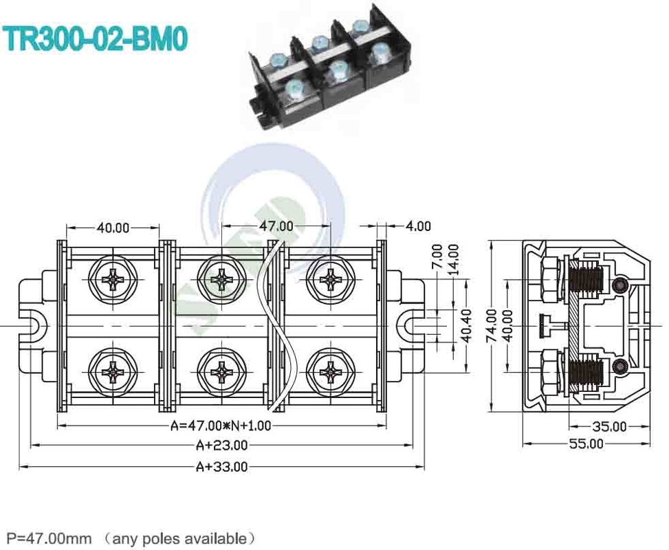 300A 철도 터미널 블록 47.0mm 600V 블랙 PC 재료 나사 장착 커넥터