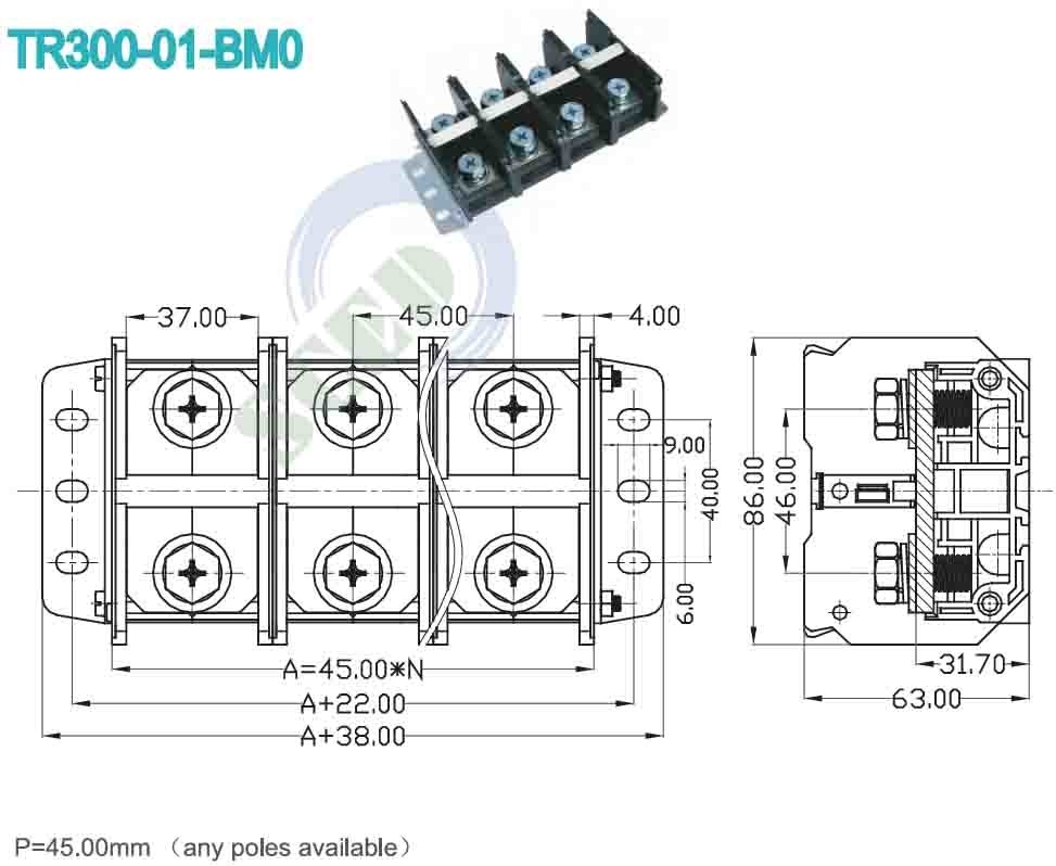 600V 300A 고전류 터미널 블록 중압 45.00mm 전기 터미널 커넥터