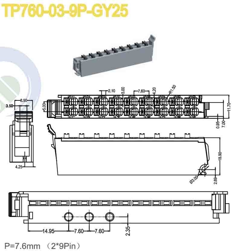 여성 플러그인 터미널 블록 커넥터 7.6mm 피치 150V 8A 2 * 9 폴 PA66