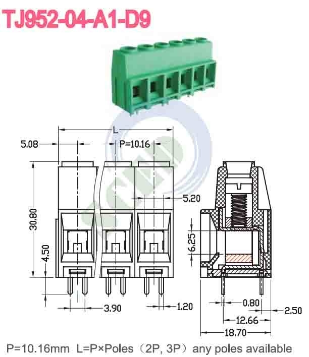 10.16mm 57A PCB 터미널 블록 녹색 구리 PA66 니켈 접착