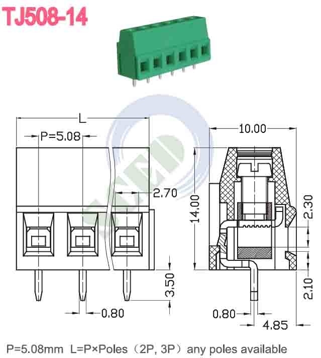 녹색 5.08mm 300V 10A PA66 PCB 터미널 블록 자동 제어용 유로 타입