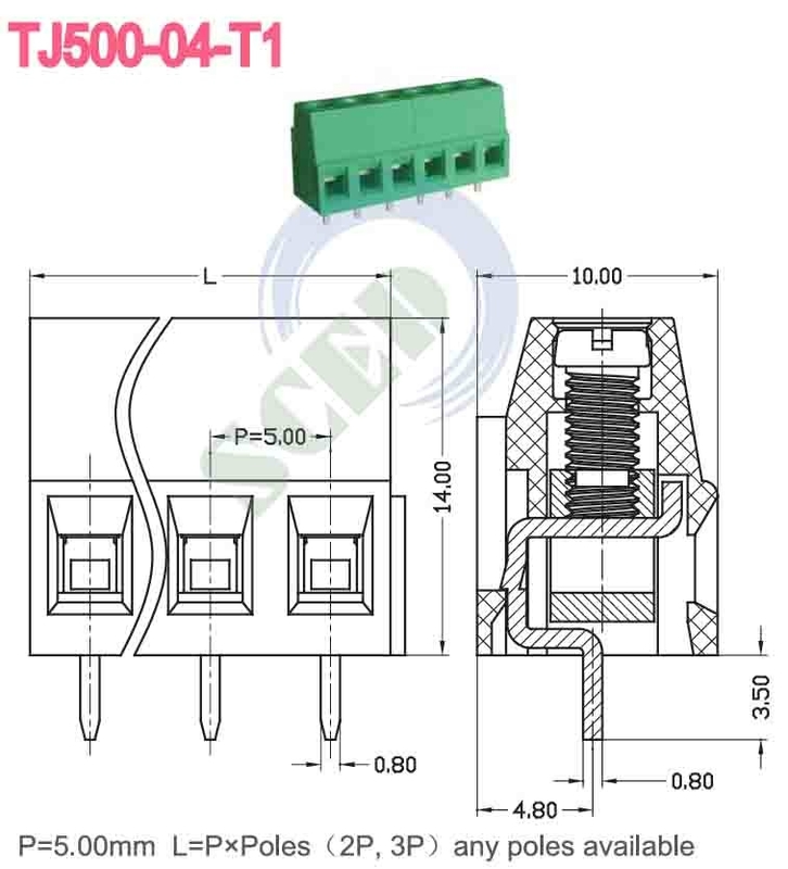 300V 10A M3 스크루 12-26 AWG 터미널 블록 커넥터 PA66 단열 재료 녹색 5.08mm 간격
