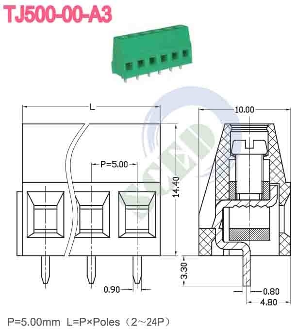 피치 5.00mm 300v PCB 터미널 블록 10A 2P-24P 직각 와이어 입구 12-26 AWG