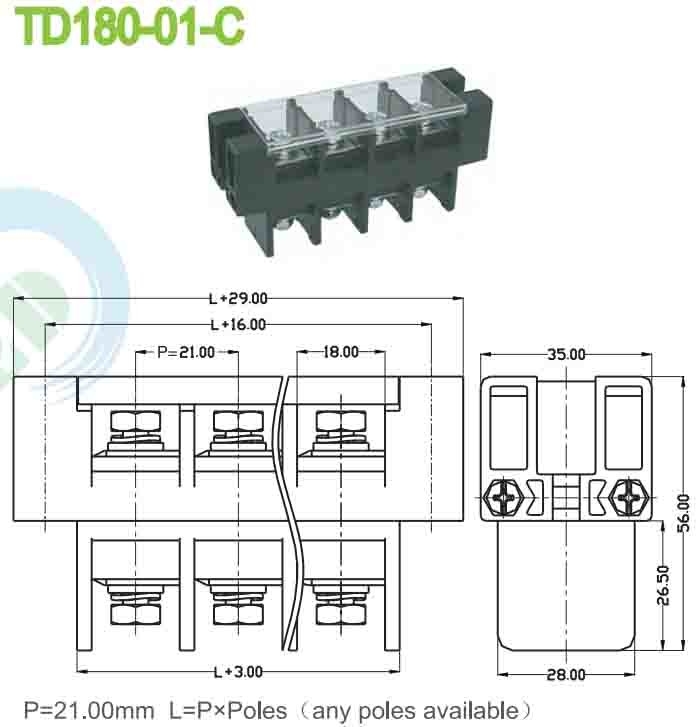 21.00mm PBT 180A 패널 마운트 구멍 터미널 블록을 통해 플라스틱 덮개와 함께 공급