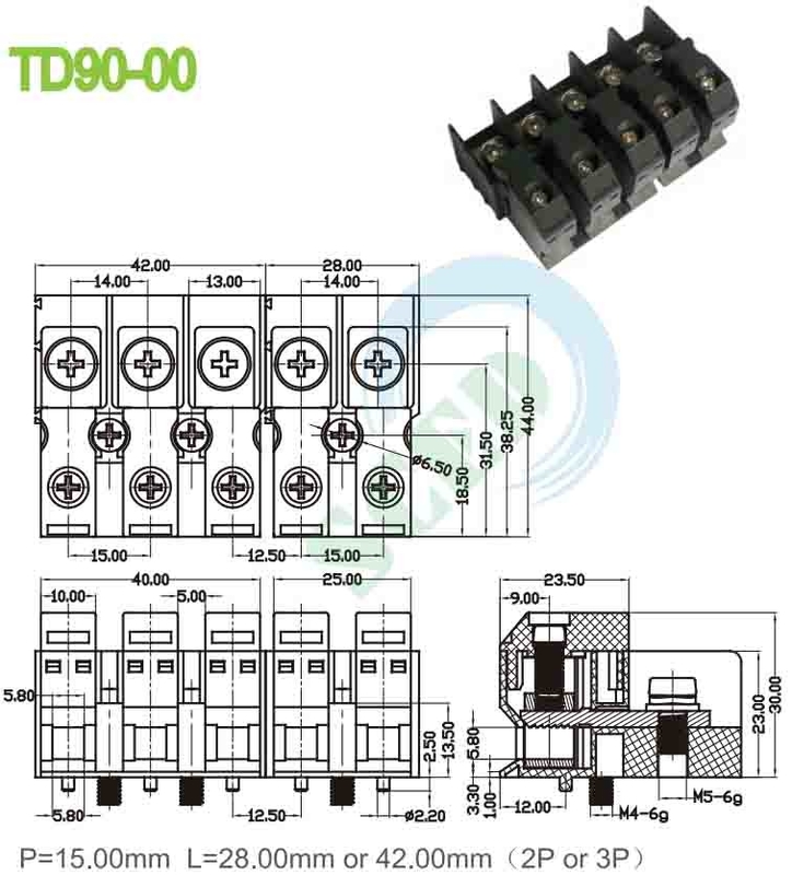 90A 600V PA66 M5 구멍 터미널 블록 15.00mm 4-20 AWG